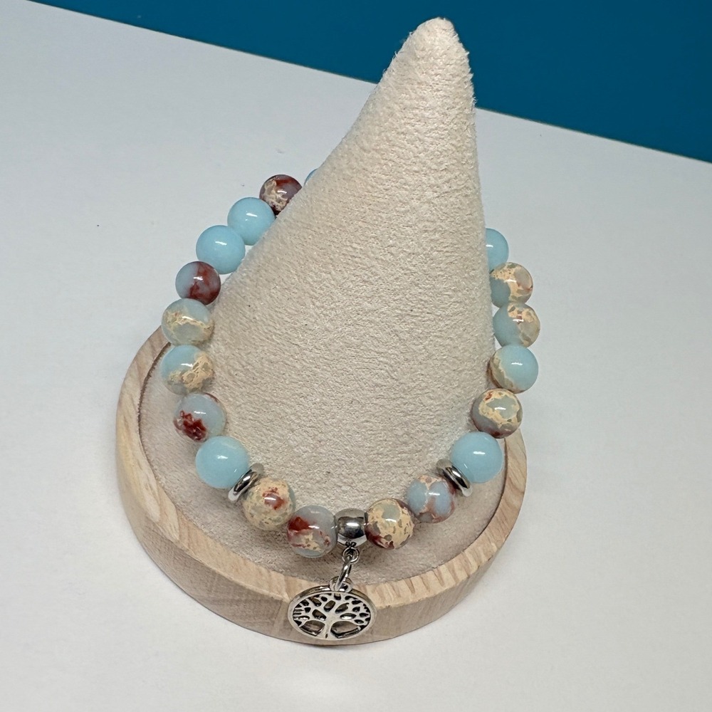Tree of Life Blue Amazonite Jasper Beaded Stretch‎ Bracelet Silver Charm 6.5in